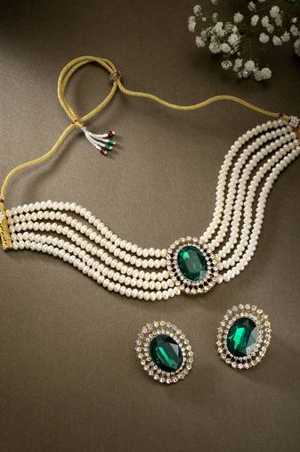 Aheli green stone beaded adjustable necklace jewellery set for women girls