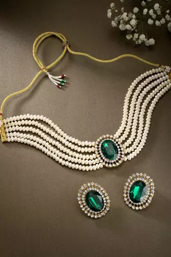 Aheli green stone beaded adjustable necklace jewellery set for women girls