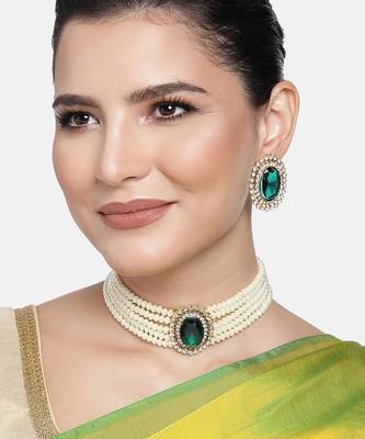 Aheli green stone beaded adjustable necklace jewellery set for women girls 2
