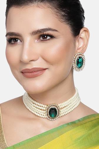 Aheli green stone beaded adjustable necklace jewellery set for women girls