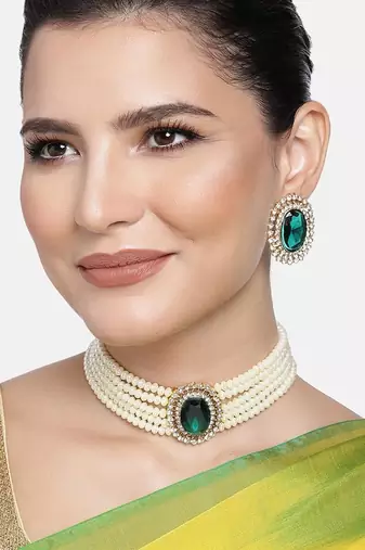 Aheli green stone beaded adjustable necklace jewellery set for women girls