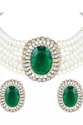 Aheli green stone beaded adjustable necklace jewellery set for women girls