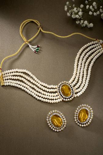 Aheli gold stone beaded adjustable necklace jewellery set for women