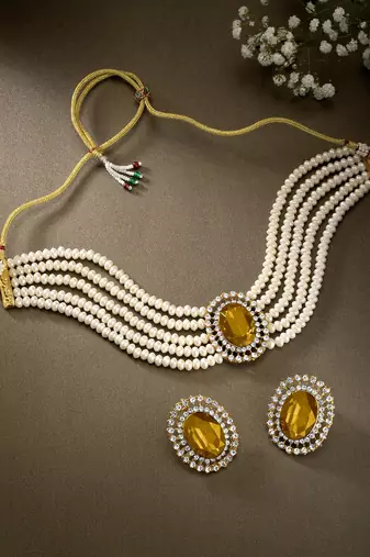Aheli gold stone beaded adjustable necklace jewellery set for women