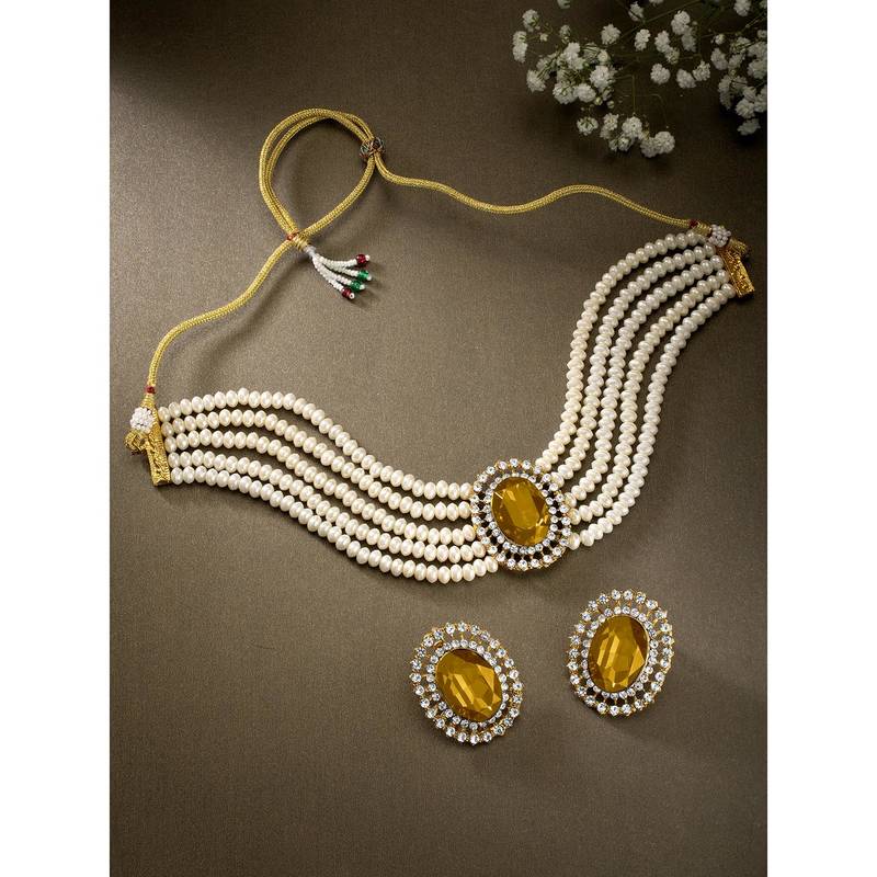 Aheli gold stone beaded adjustable necklace jewellery set for women