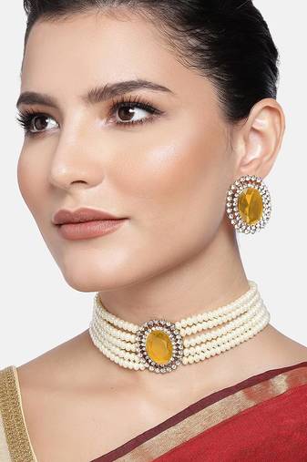 Aheli gold stone beaded adjustable necklace jewellery set for women