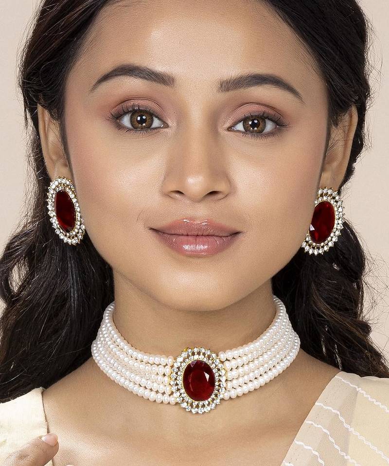 Aheli maroon stone beaded adjustable necklace jewellery set for women girls