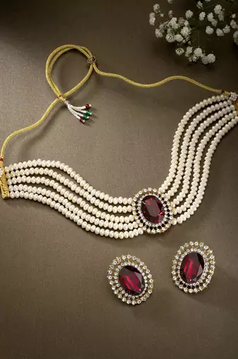 Aheli maroon stone beaded adjustable necklace jewellery set for women girls