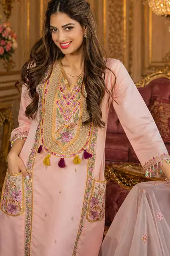 Designer pink ethnic kurta sharara set with heavy embroidery & dupatta