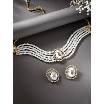 Aheli white stone beaded adjustable necklace jewellery set for women 1