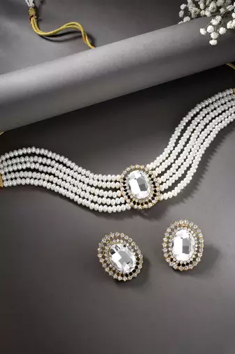 Aheli white stone beaded adjustable necklace jewellery set for women