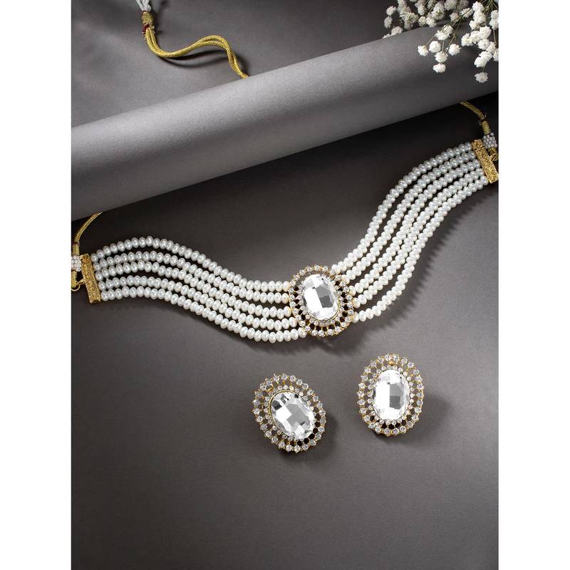 Aheli white stone beaded adjustable necklace jewellery set for women