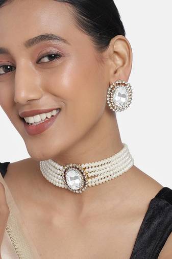 Aheli white stone beaded adjustable necklace jewellery set for women