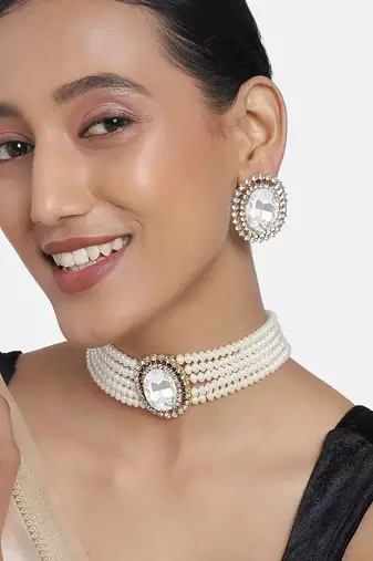 Aheli white stone beaded adjustable necklace jewellery set for women