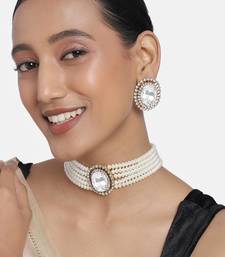 Aheli white stone beaded adjustable necklace jewellery set for women
