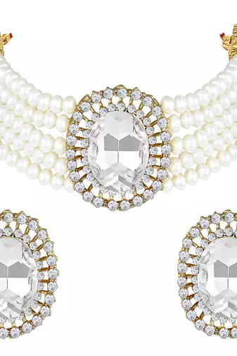 Aheli white stone beaded adjustable necklace jewellery set for women