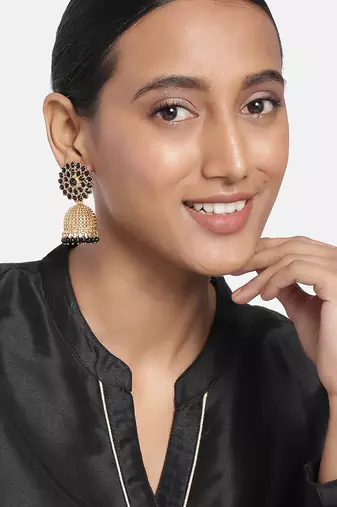 Aheli gold plated floral studded black jhumki traditional wedding earrings for women