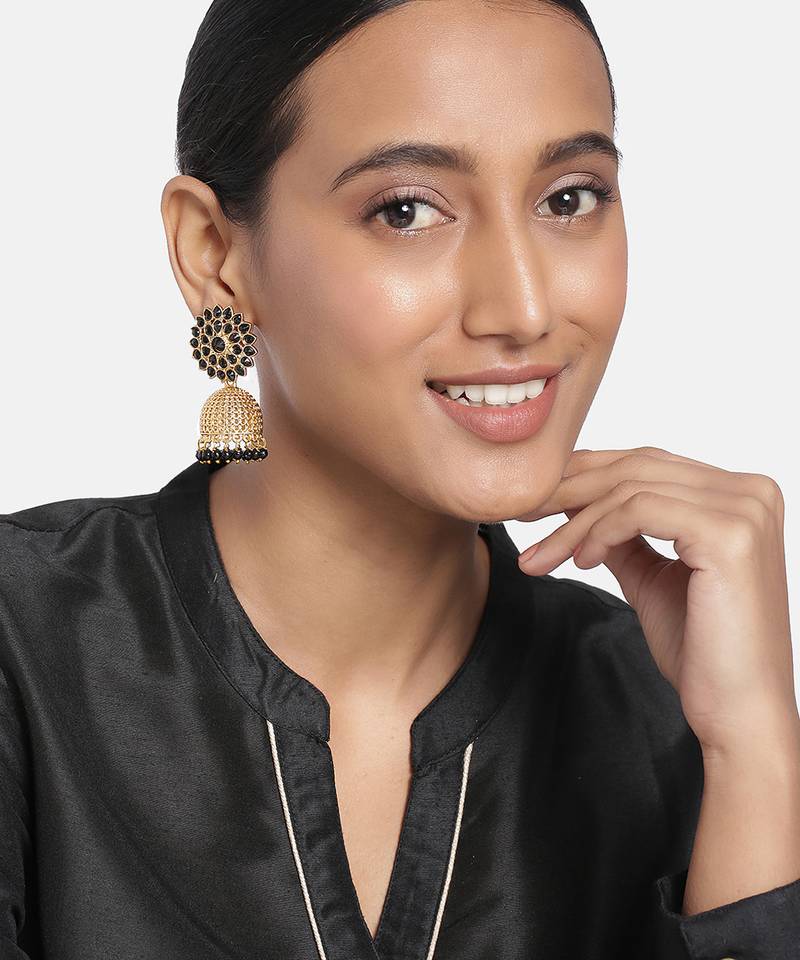 Aheli gold plated floral studded black jhumki traditional wedding earrings for women
