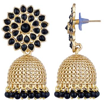 Aheli gold plated floral studded black jhumki traditional wedding earrings for women 2