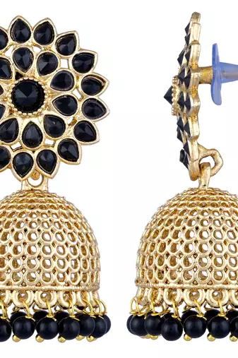 Aheli gold plated floral studded black jhumki traditional wedding earrings for women