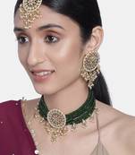 Aheli green kundan choker necklace earring with dangling pearl jewellery set for women