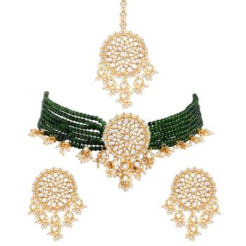 Aheli green kundan choker necklace earring with dangling pearl jewellery set for women 3