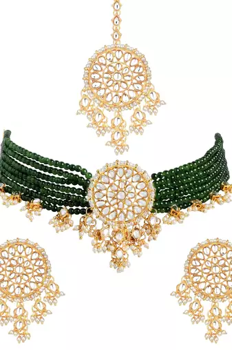 Aheli green kundan choker necklace earring with dangling pearl jewellery set for women