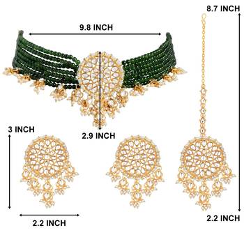 Aheli green kundan choker necklace earring with dangling pearl jewellery set for women 4