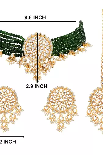 Aheli green kundan choker necklace earring with dangling pearl jewellery set for women