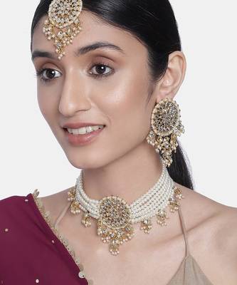Aheli gold-plated & white kundan & pearls studed multistrand choker jewellery set 1