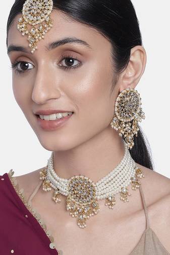 Aheli gold-plated & white kundan & pearls studed multistrand choker jewellery set
