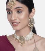 Aheli gold-plated & white kundan & pearls studed multistrand choker jewellery set