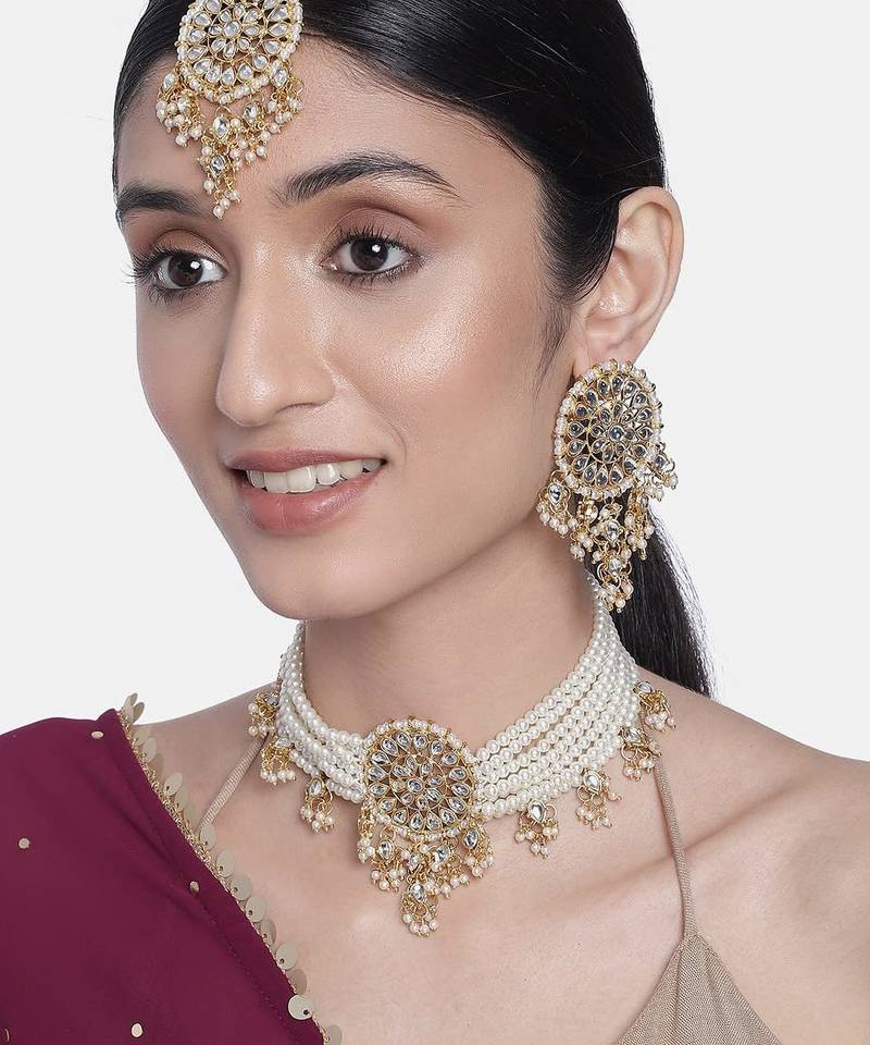 Aheli gold-plated & white kundan & pearls studed multistrand choker jewellery set