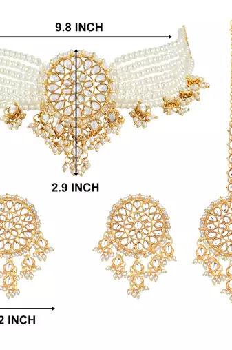 Aheli gold-plated & white kundan & pearls studed multistrand choker jewellery set