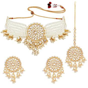 Aheli gold-plated & white kundan & pearls studed multistrand choker jewellery set 3