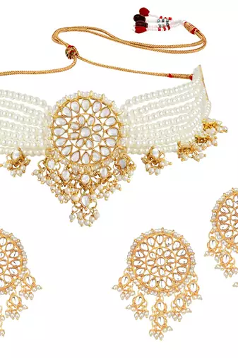 Aheli gold-plated & white kundan & pearls studed multistrand choker jewellery set