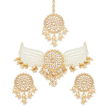 Aheli gold-plated & white kundan & pearls studed multistrand choker jewellery set 4