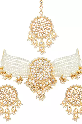 Aheli gold-plated & white kundan & pearls studed multistrand choker jewellery set