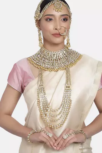 Aheli ethnic indian traditional kundan dulhan bridal jewellery set with choker earrings maang tikka hathphool for women