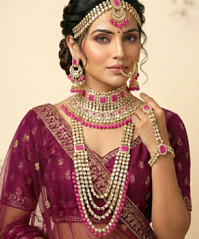 Aheli traditional kundan dulhan bridal jewellery set with choker earrings maang tikka hathphool for women