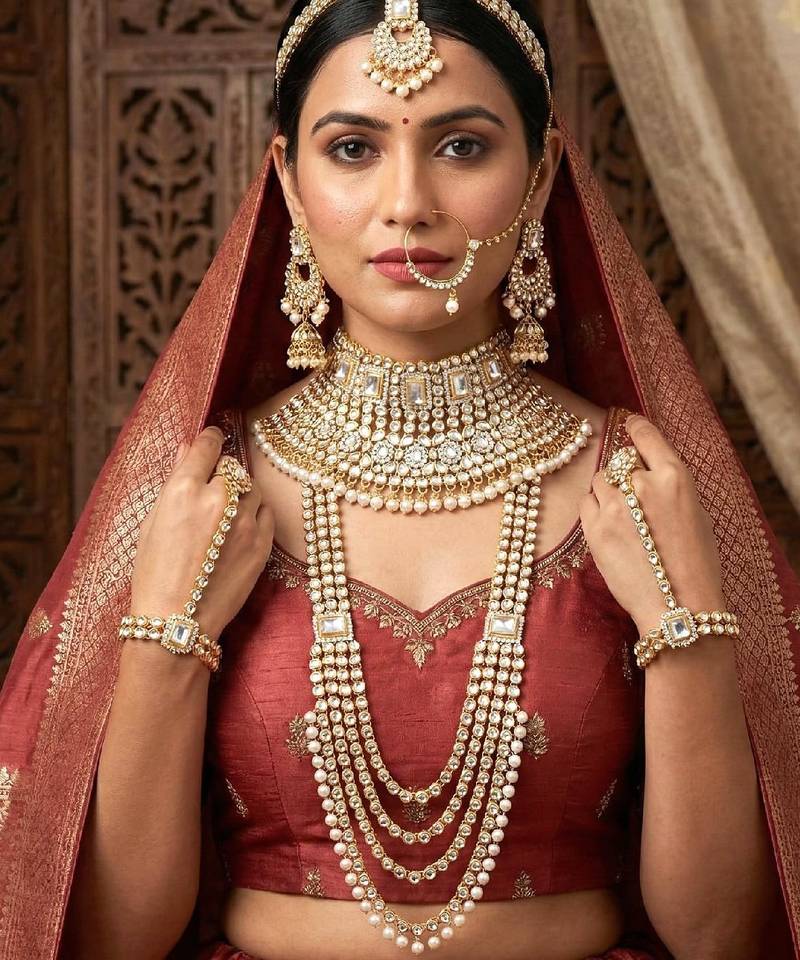 Aheli traditional gold plated kundan dulhan bridal jewellery set with choker earrings maang tikka hathphool for women