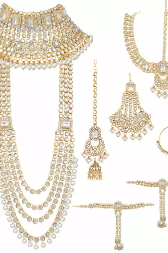 Aheli traditional gold plated kundan dulhan bridal jewellery set with choker earrings maang tikka hathphool for women