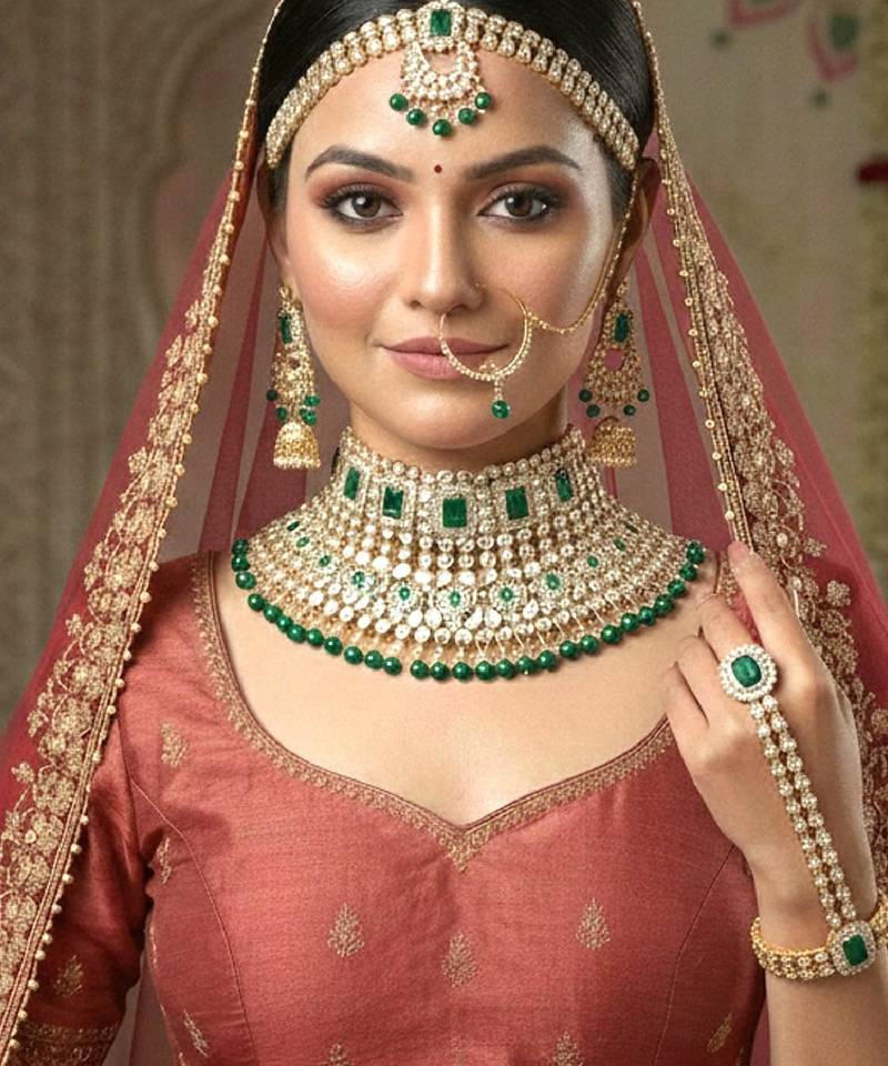 Aheli green color jodha akbar choker necklace bridal ethnic indian jewellery set gift for women