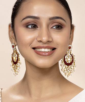 Aheli gold plated brass traditional jewellery kundan pearl golden maroon chandbali earrings gift for women girls 2