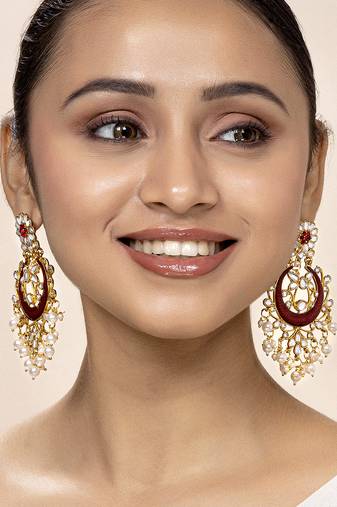 Aheli gold plated brass traditional jewellery kundan pearl golden maroon chandbali earrings gift for women girls
