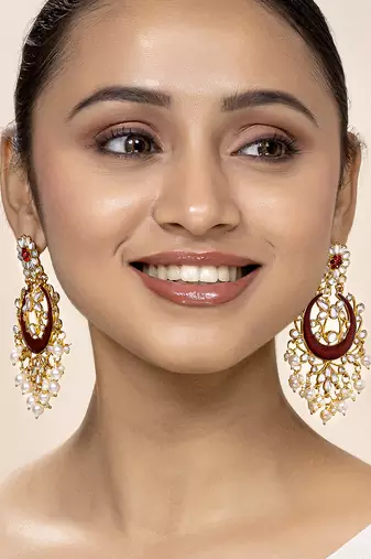 Aheli gold plated brass traditional jewellery kundan pearl golden maroon chandbali earrings gift for women girls