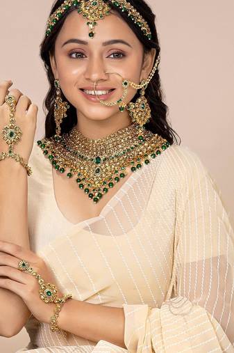 Aheli jodha akbar bridal choker necklace earrings maangtikka nathiya haathpanja traditional jewellery set for women