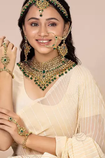 Aheli jodha akbar bridal choker necklace earrings maangtikka nathiya haathpanja traditional jewellery set for women