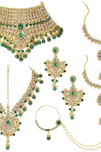 Aheli jodha akbar bridal choker necklace earrings maangtikka nathiya haathpanja traditional jewellery set for women
