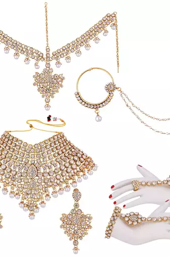 Aheli kundan bridal choker necklace earrings maangtikka nathiya haathpanja traditional jewellery set for women